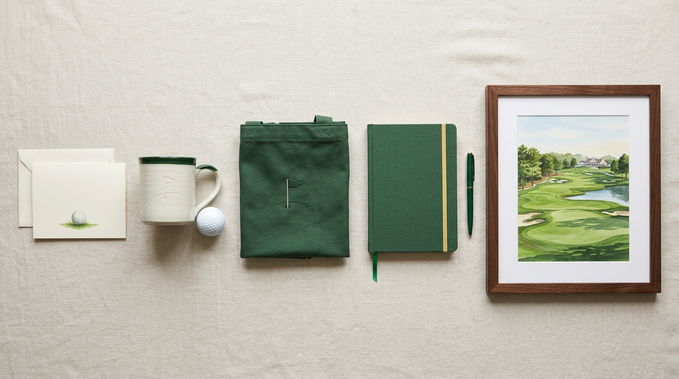 Golf gift ideas laid out by size: a card, mug, tote, notebook and a framed course print