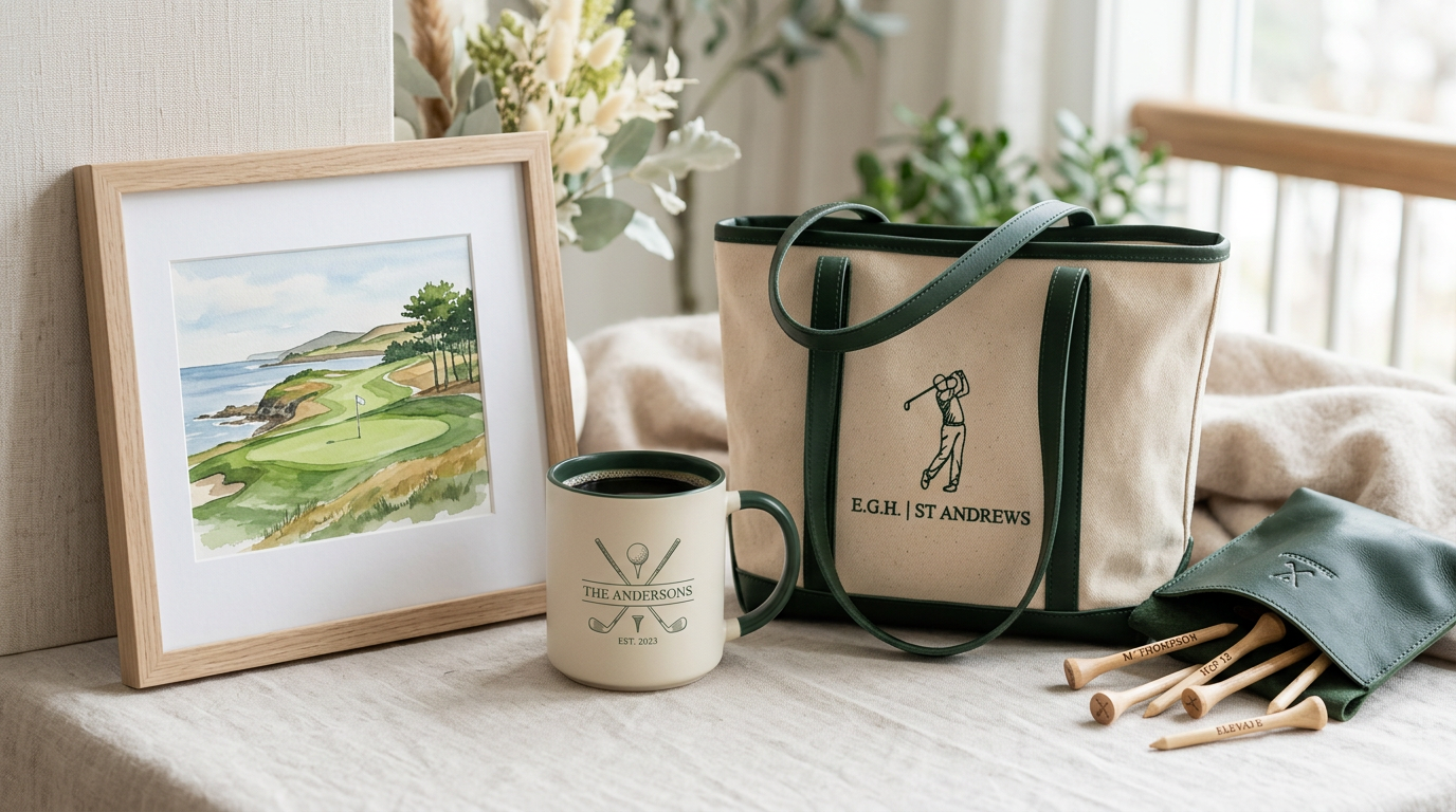 A spread of personalised golf gifts: framed course print, mug, tote and tee