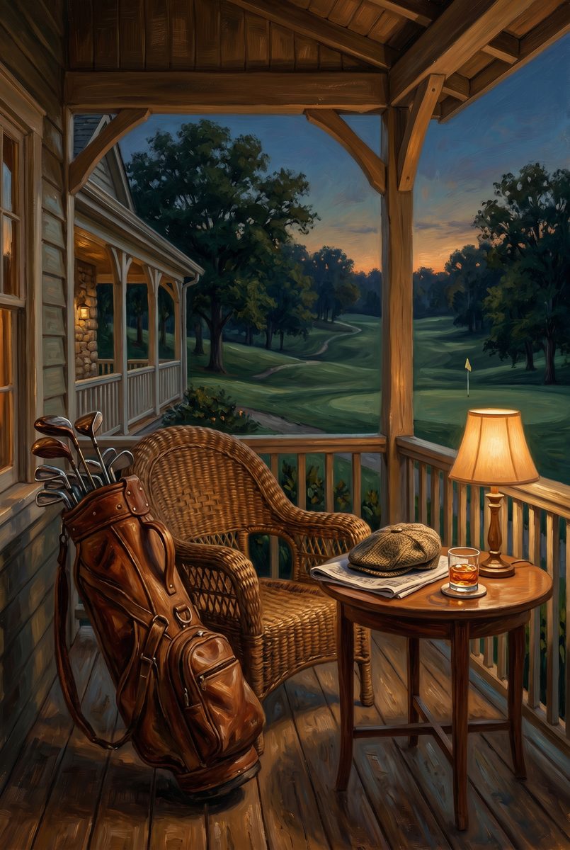 Veranda at dusk in an oil style: a leather golf bag against a wicker chair, a lamp, a flat cap and a glass on a side table, the course beyond.