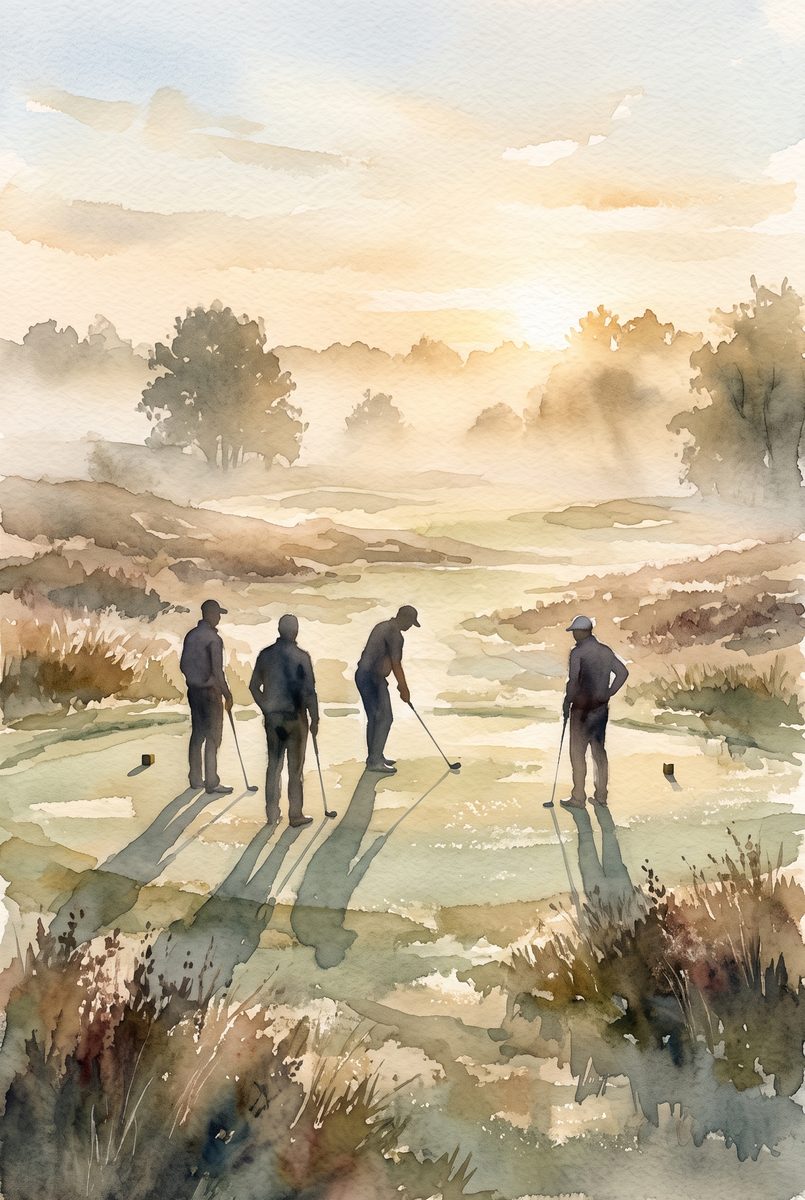 Four golfers in a watercolour style, backlit on a misty heathland tee at sunrise, one addressing the ball.