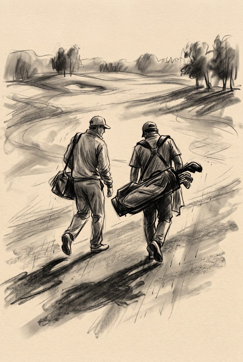 In a charcoal style, two men walking down a fairway, one carrying a golf bag, seen from behind.