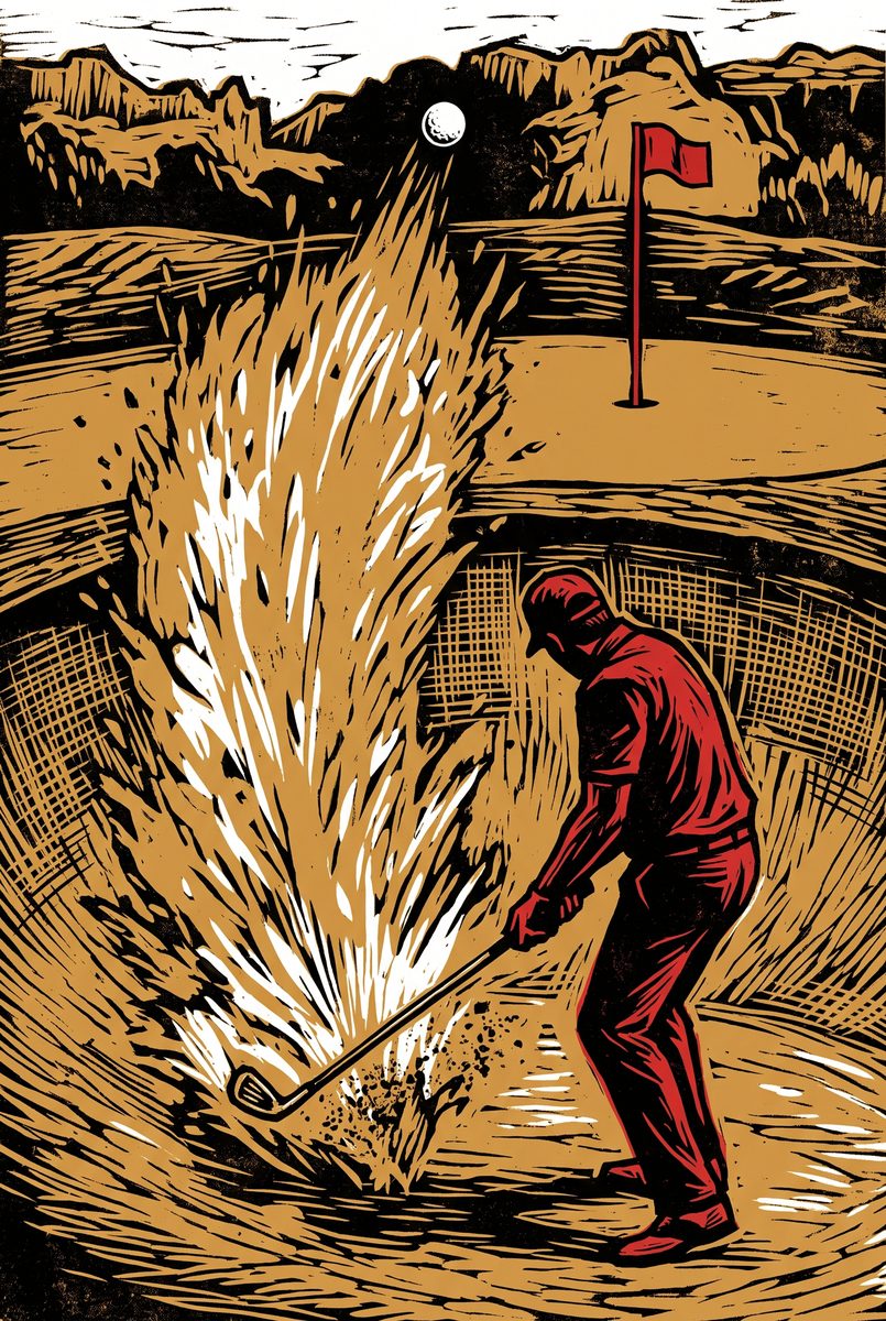 In a linocut style, a golfer in red splashing a ball out of a bunker in a burst of sand, red flag beyond.