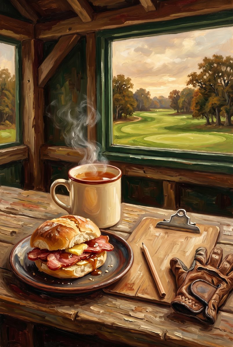 Still life in an oil style: a mug of tea, a bacon roll, a clipboard and a leather glove on a timber table, the course through the window.
