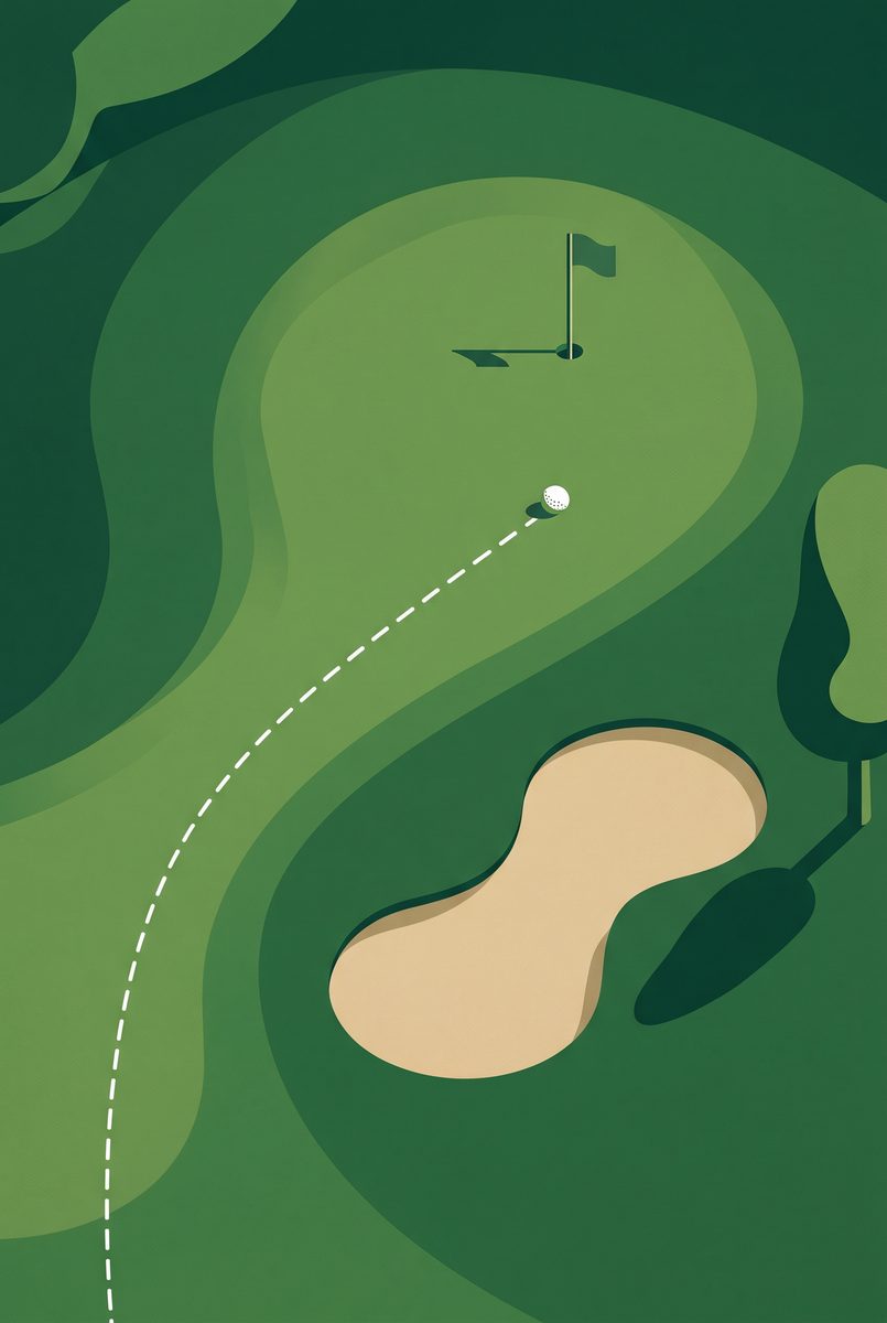 Graphic aerial view of a green: a dotted line runs to a ball just short of the hole, with the flag and a kidney-shaped bunker.