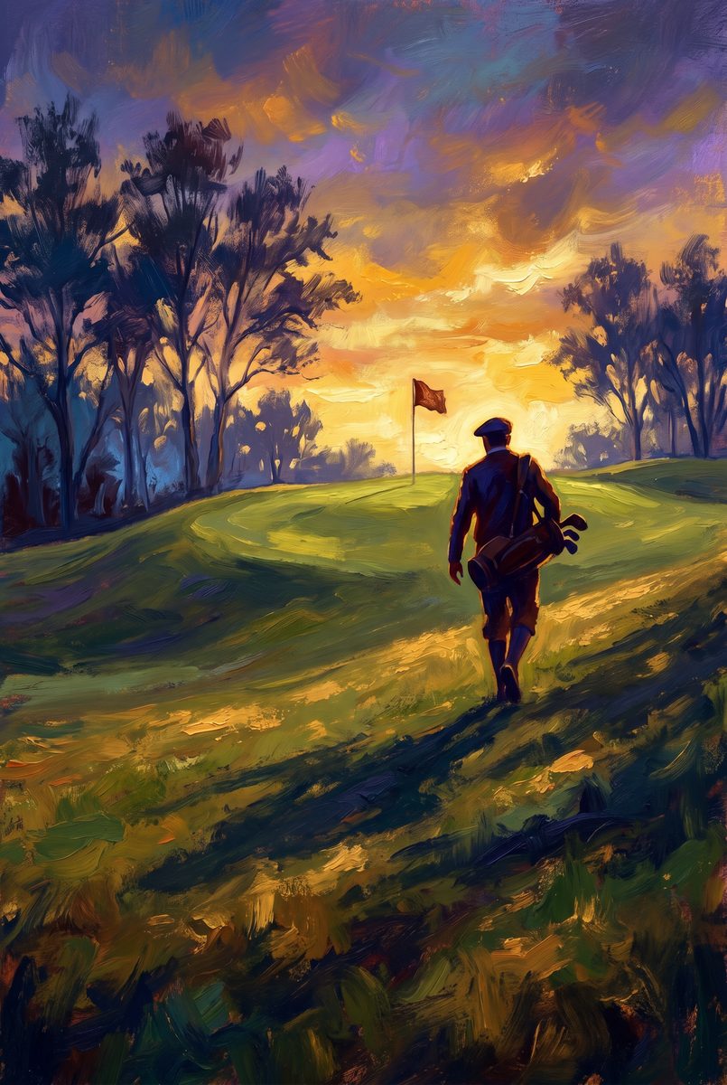 Scene in an oil style: a lone golfer carrying a bag towards a flag under a gold and violet evening sky.