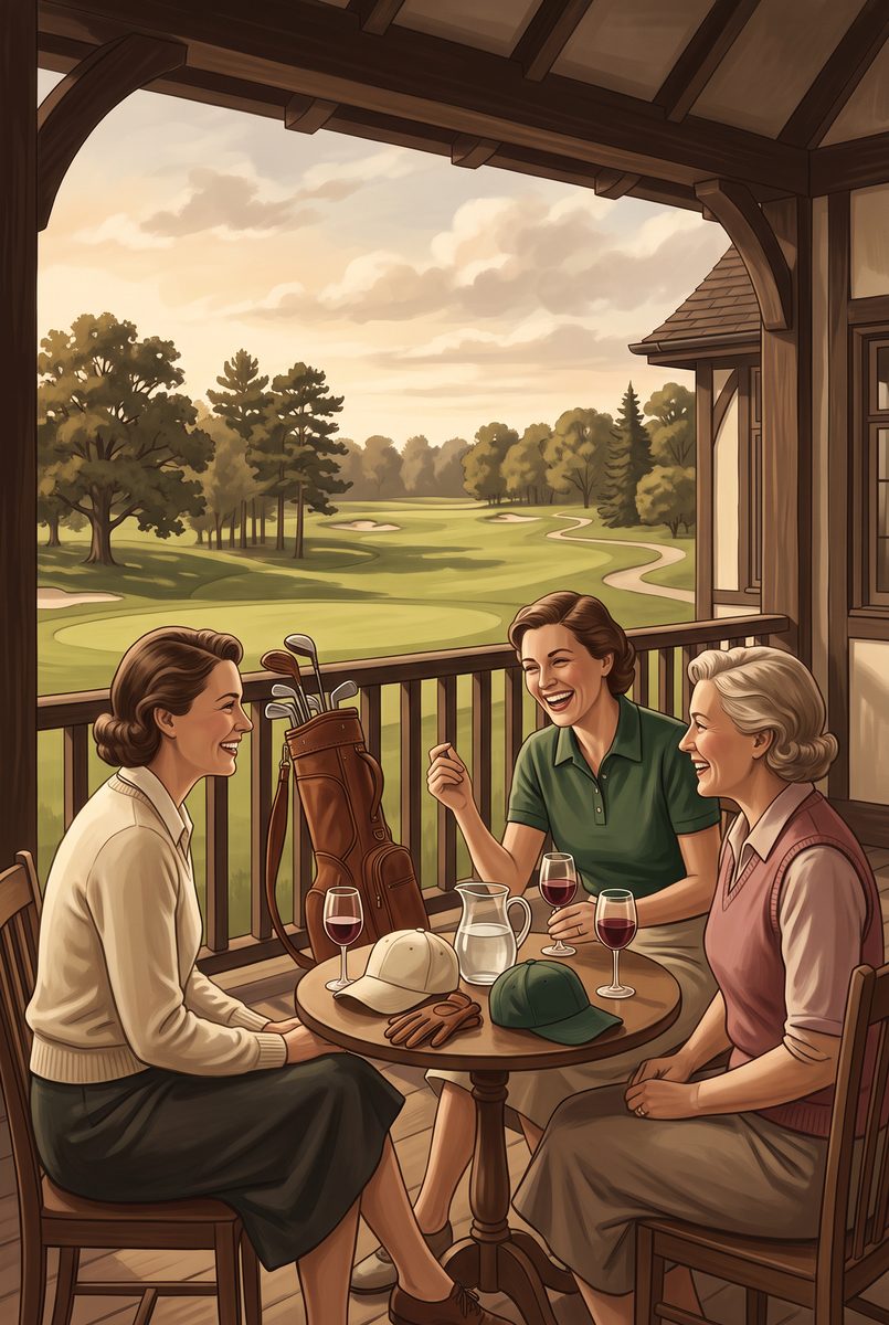 In a vintage illustration style, three women laughing round a small table on a clubhouse veranda, with glasses of wine, a water jug, two caps and a golf glove on the table, a leather golf bag by the rail and the course beyond.